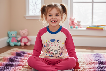 Bambina con maglia rosa coniglio raglan