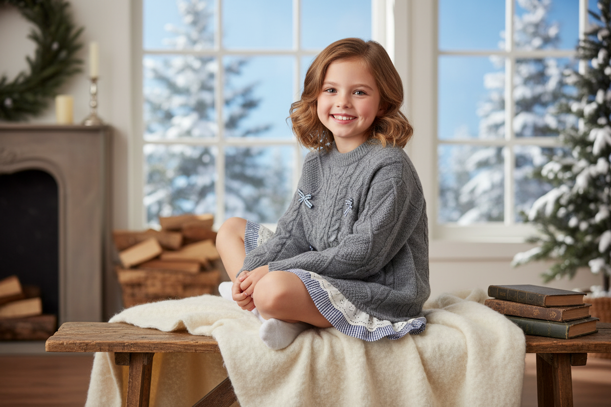 Bambina con maglioncino blu fiocco