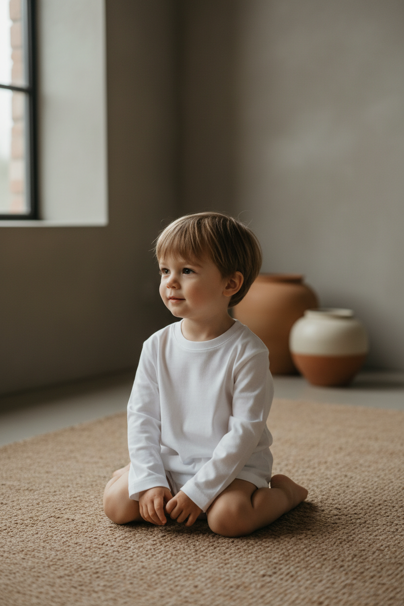Bambino che indossa maglia bianca a maniche lunghe