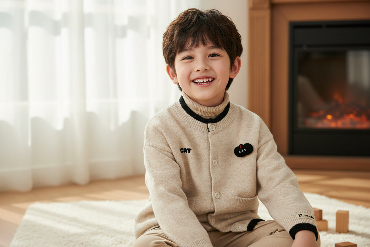 Bambino con cardigan beige