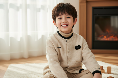 Bambino con cardigan beige