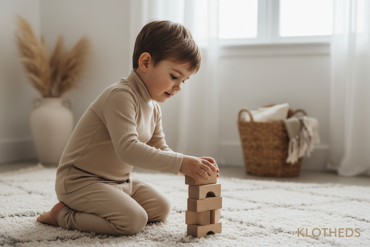 Bambino con maglia collo alto beige