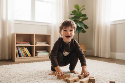 Bambino con maglia marrone melanzana