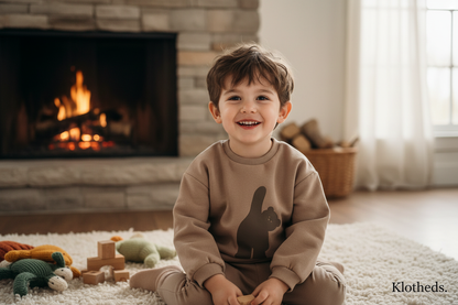 Bambino con maglia orso marrone