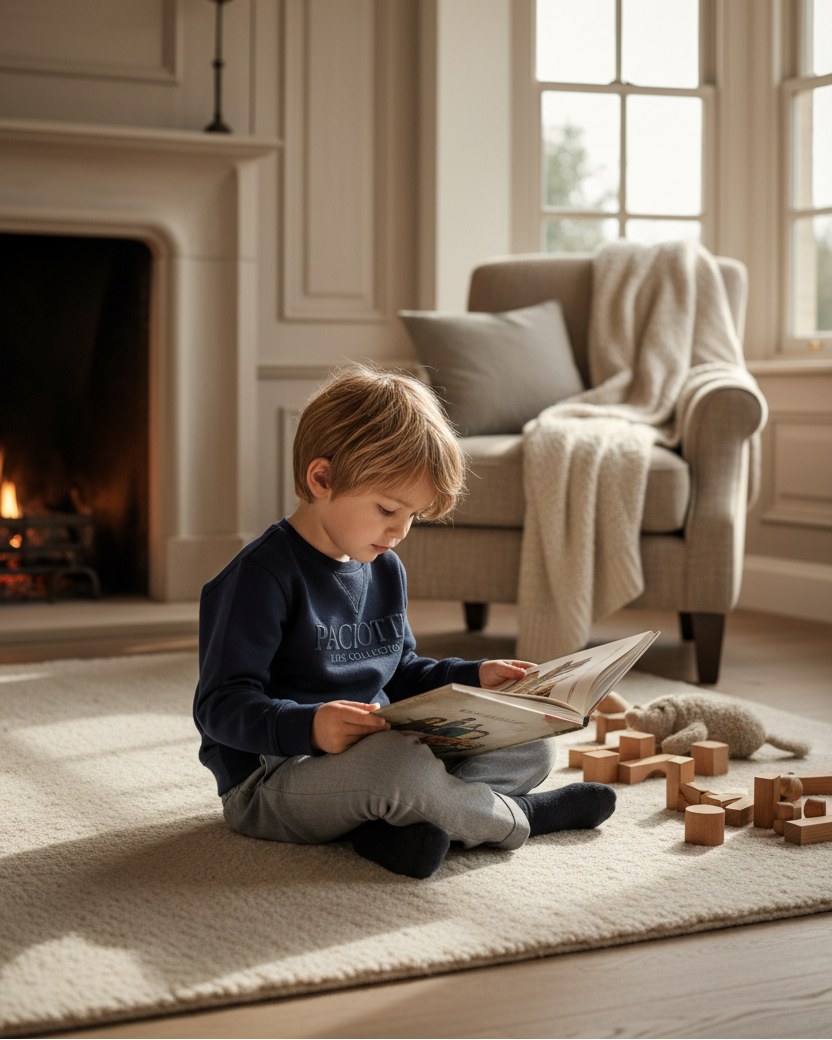 Bambino felpa blu atmosfera domenicale