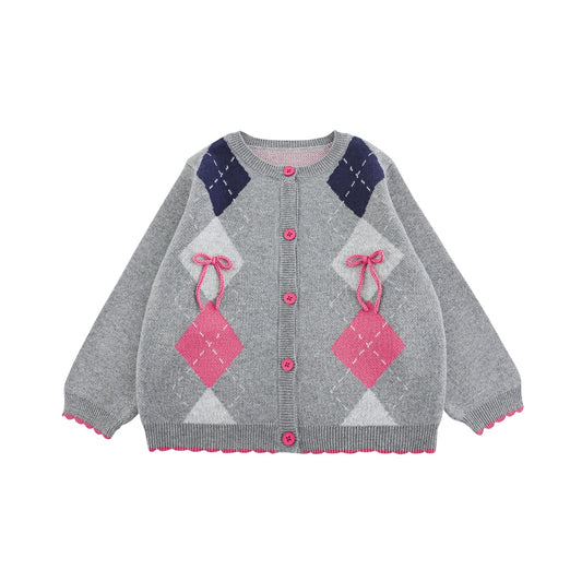 Cardigan grigio in maglia con fiocchi ricamati per bambina - Klotheds