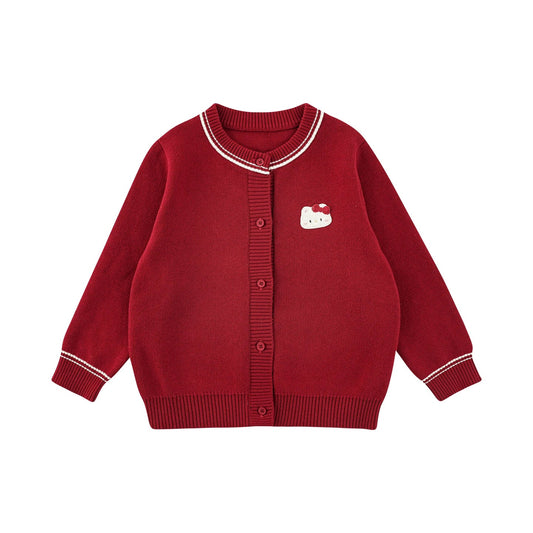 Cardigan in maglia con ricamo gatto per bambina – rosso o nero - Klotheds
