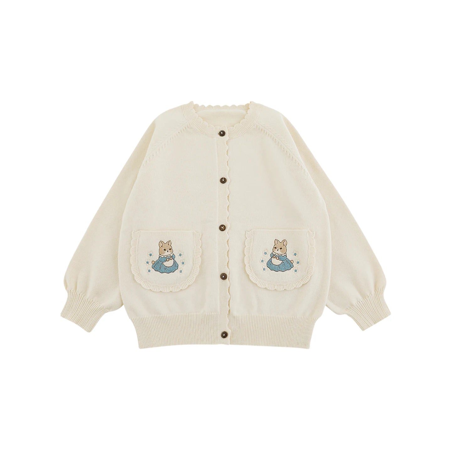 Cardigan in Maglia da Bambina con Ricamo Coniglio e Tasche – Rosa o Beige - Klotheds