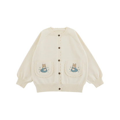 Cardigan in Maglia da Bambina con Ricamo Coniglio e Tasche – Rosa o Beige - Klotheds