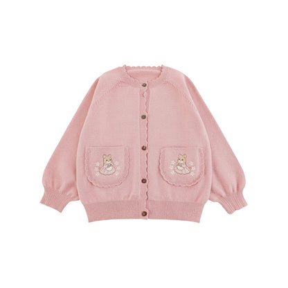 Cardigan in Maglia da Bambina con Ricamo Coniglio e Tasche – Rosa o Beige - Klotheds