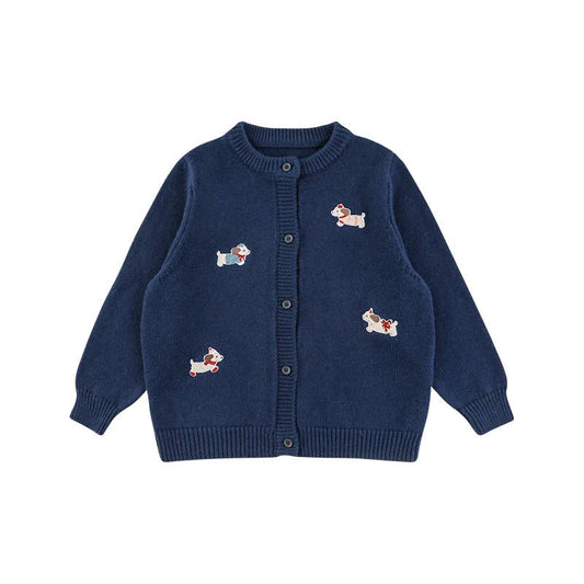 Cardigan Invernale da Bambino in Lana di Pecora con Ricamo Cucciolo – Colore Blu - Klotheds