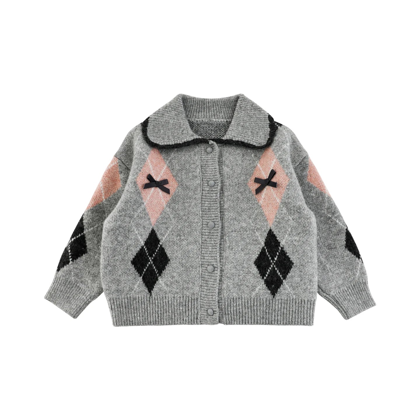Cardigan Invernale da Ragazza in Maglia a Quadri con Risvolto – Colore Grigio - Klotheds