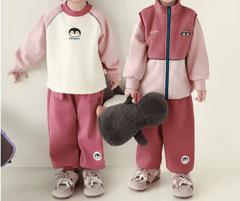 Completo Invernale Bambina Rosa – Maglia Ricamata Pinguino, Gilet in Velluto a Coste e Pantaloni Caldi in Cotone - Klotheds