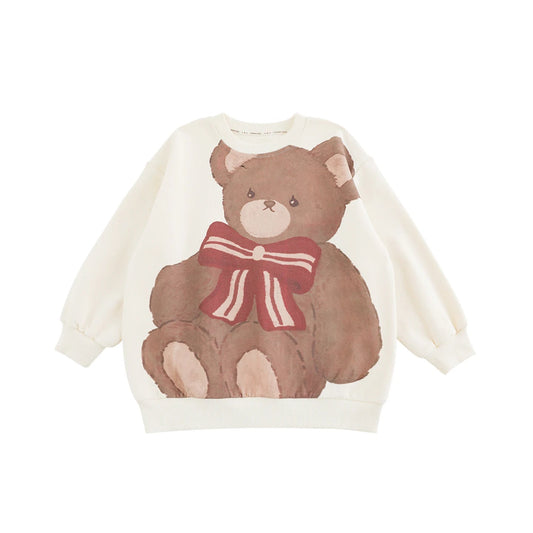 Felpa girocollo larga in cotone per bambina con motivo orsetto o coniglio – beige, rosa o marrone - Klotheds