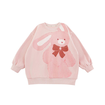 Felpa girocollo larga in cotone per bambina con motivo orsetto o coniglio – beige, rosa o marrone - Klotheds