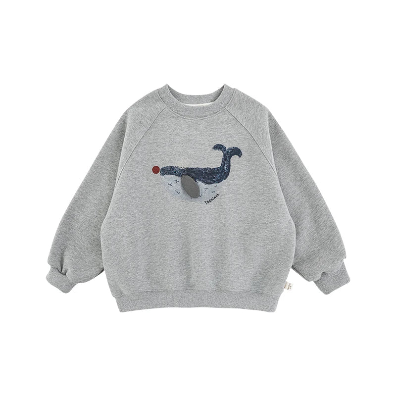 Felpa Invernale Oversize da Bambino con Stampa Balena e Maniche Raglan – Beige o Grigio - Klotheds