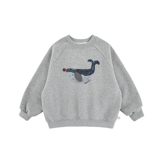 Felpa Invernale Oversize da Bambino con Stampa Balena e Maniche Raglan – Beige o Grigio - Klotheds