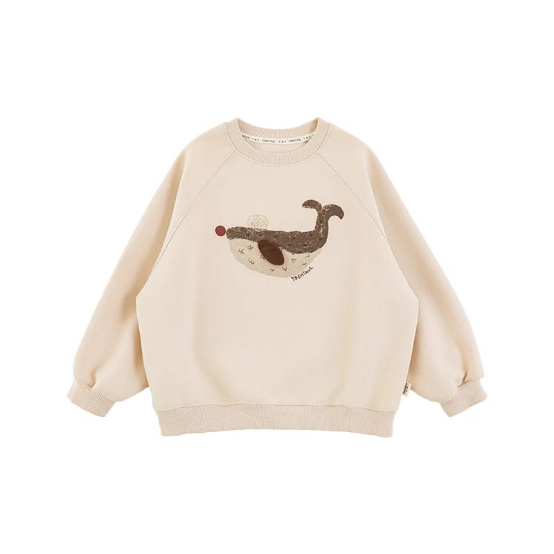 Felpa Invernale Oversize da Bambino con Stampa Balena e Maniche Raglan – Beige o Grigio - Klotheds