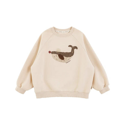 Felpa Invernale Oversize da Bambino con Stampa Balena e Maniche Raglan – Beige o Grigio - Klotheds