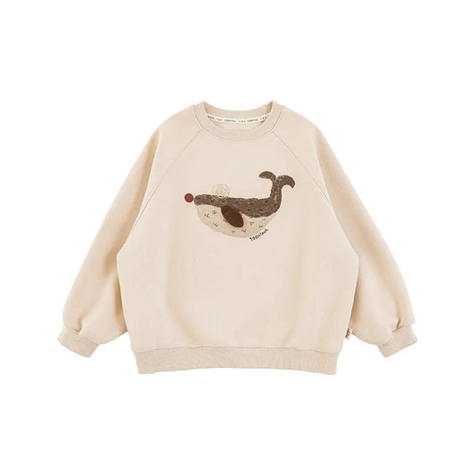 Felpa Invernale Oversize da Bambino con Stampa Balena e Maniche Raglan – Beige o Grigio - Klotheds