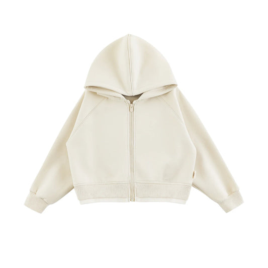 Giacca corta con cappuccio e zip per bambina – beige, grigia o nera - Klotheds