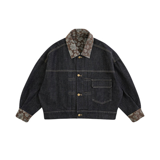 Giacca in denim nera con risvolto floreale per bambina – stile autunnale - Klotheds