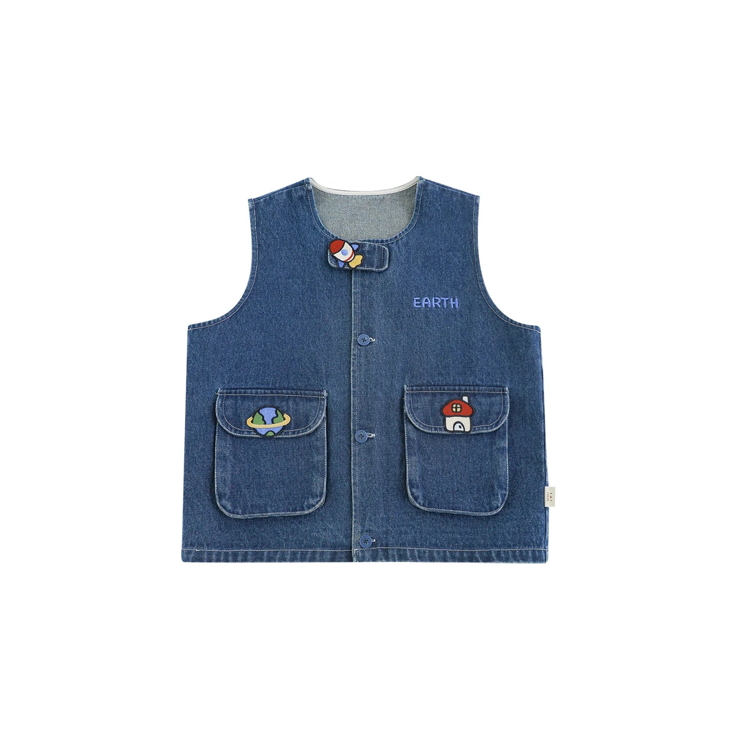Gilet in denim blu con ricami razzo, casa, albero e pianeta per bambino - Klotheds