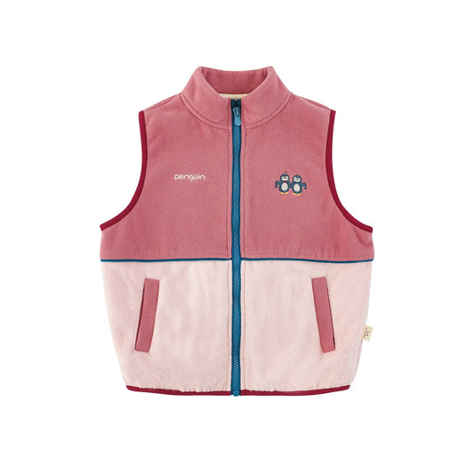 Gilet Smanicato da Bambina in Velluto a Coste con Motivo Pinguino – Colore Rosa - Klotheds