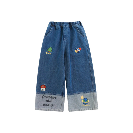 Jeans blu con ricami razzo, casa, albero e pianeta per bambino - Klotheds