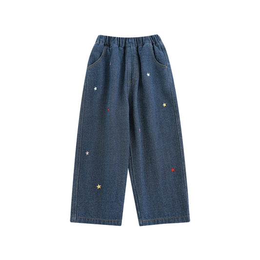 Jeans dritti blu con stampa a stelle per bambina – stile casual - Klotheds