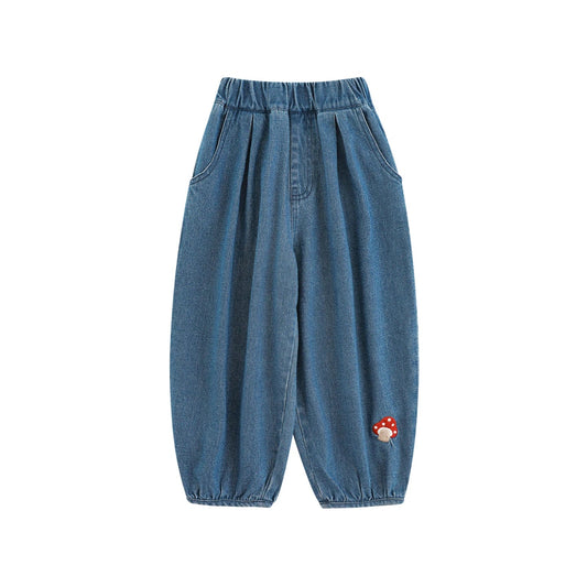 Jeans harem blu con ricami fungo per bambina – denim autunnale - Klotheds