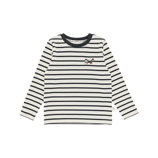 Maglia a righe beige con ricamo gatto per bambina – maniche lunghe - Klotheds