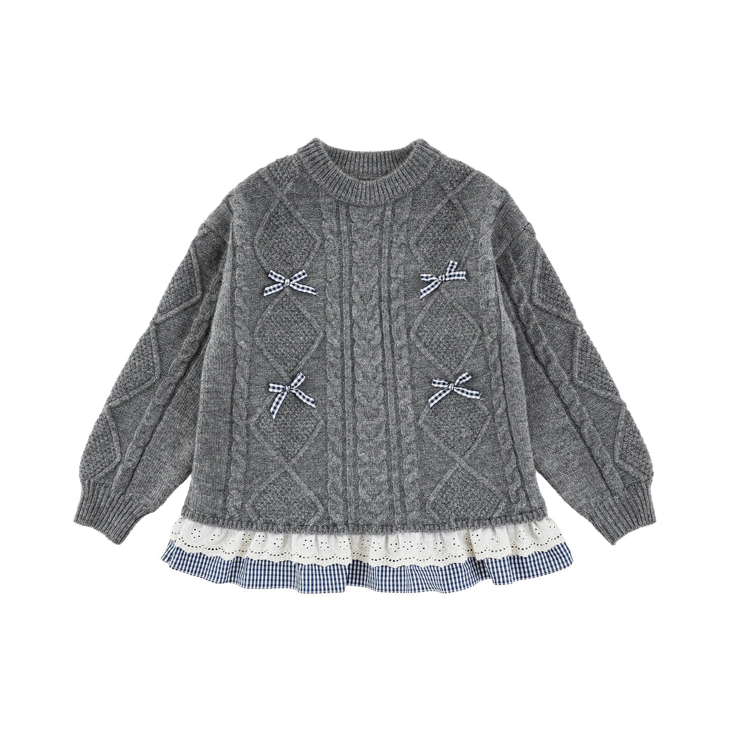 Maglioncino Invernale da Bambina a Treccia con Fiocco in Pizzo – Blu o Grigio - Klotheds