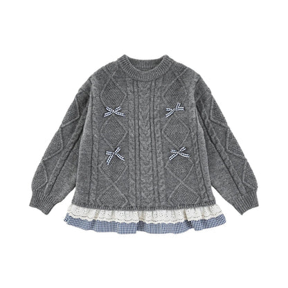 Maglioncino Invernale da Bambina a Treccia con Fiocco in Pizzo – Blu o Grigio - Klotheds