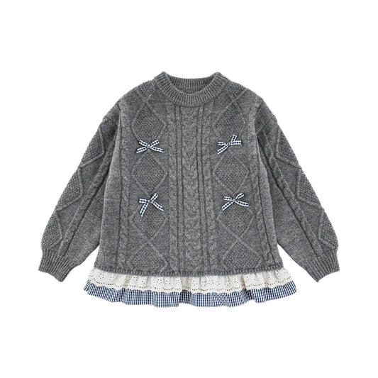 Maglioncino Invernale da Bambina a Treccia con Fiocco in Pizzo – Blu o Grigio - Klotheds
