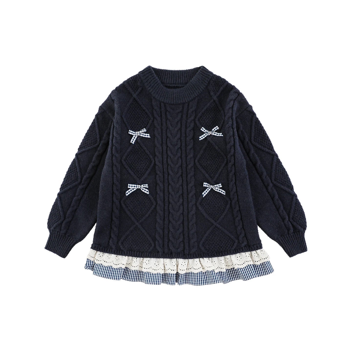 Maglioncino Invernale da Bambina a Treccia con Fiocco in Pizzo – Blu o Grigio - Klotheds