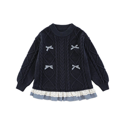 Maglioncino Invernale da Bambina a Treccia con Fiocco in Pizzo – Blu o Grigio - Klotheds