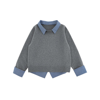Maglione con bavero in cotone 100% a quadri per bambino – grigio o blu - Klotheds