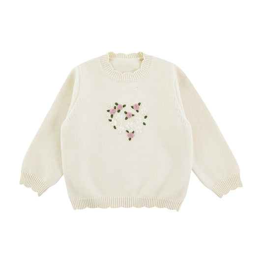 Maglione Invernale da Bambina con Collo a Petalo e Ricamo Floreale – Beige o Rosa - Klotheds