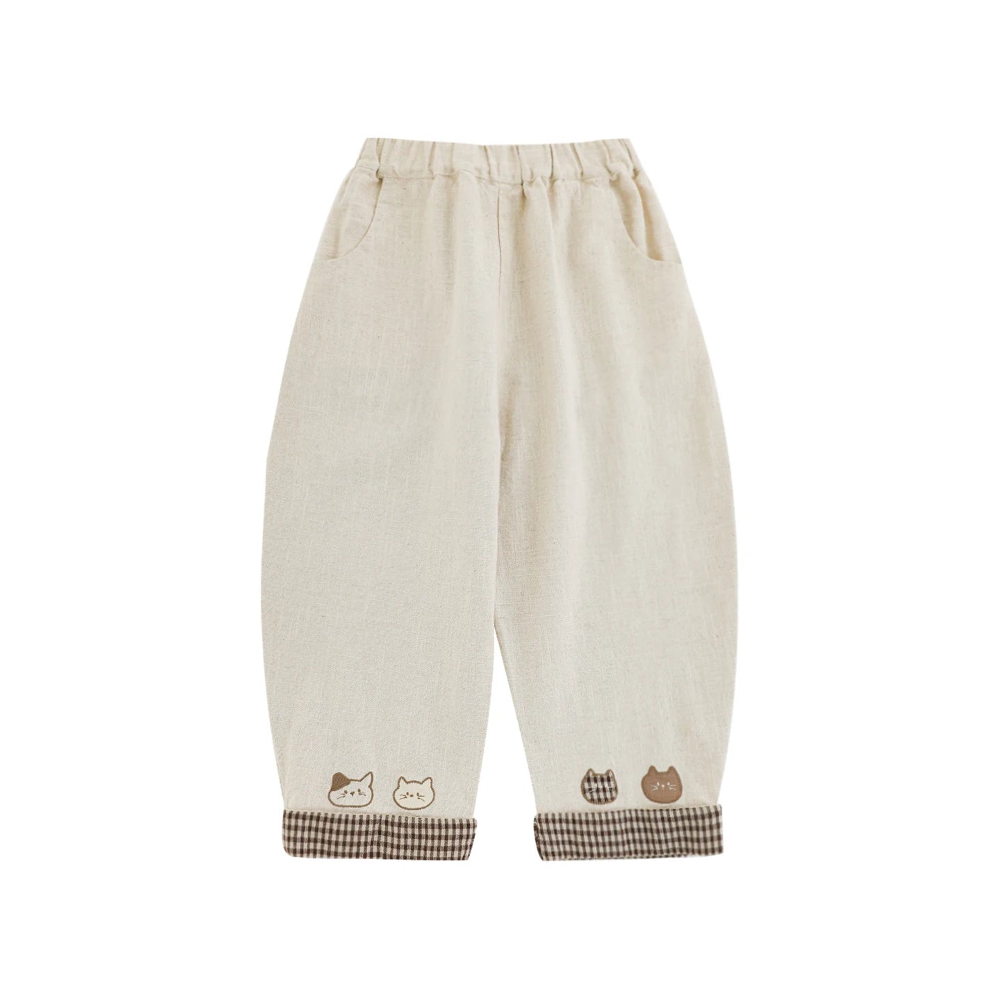 Pantaloni beige con ricami gattini per bambino - Klotheds