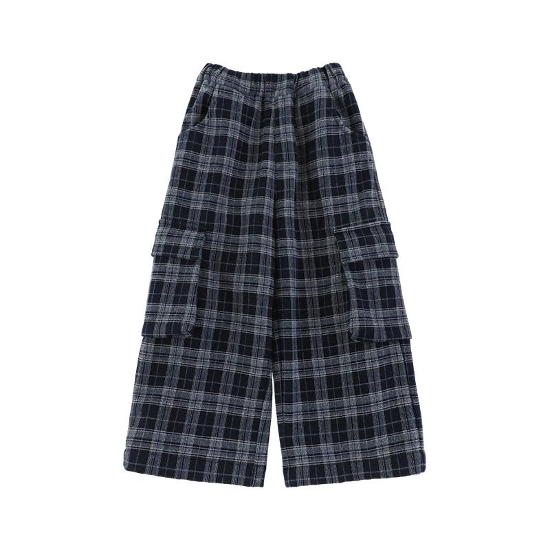 Pantaloni Cargo Invernali da Ragazzo a Quadri in Lana e Velluto – Blu o Nero - Klotheds