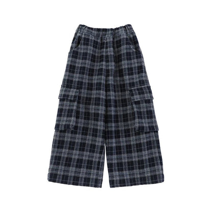 Pantaloni Cargo Invernali da Ragazzo a Quadri in Lana e Velluto – Blu o Nero - Klotheds