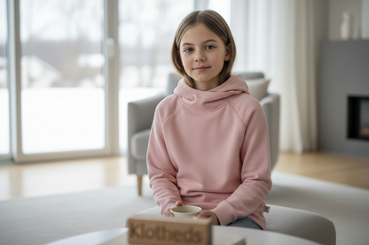 Ragazza con felpa rosa cappuccio collo alto