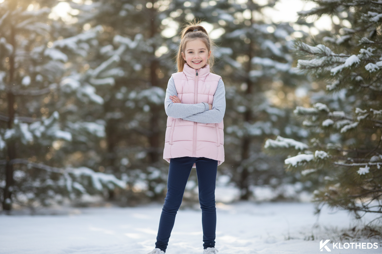 Ragazza con gilet rosa imbottito
