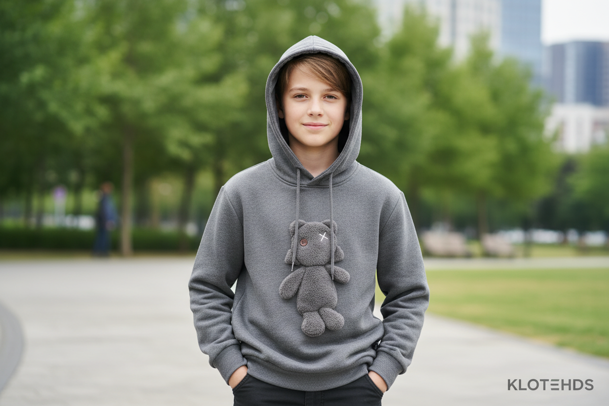 Ragazzo con felpa cappuccio grigia antivento