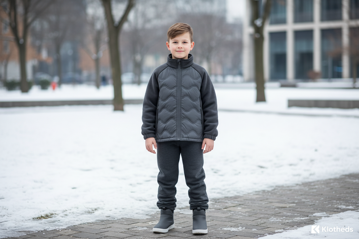 Ragazzo con giacca imbottita grigia collo alto