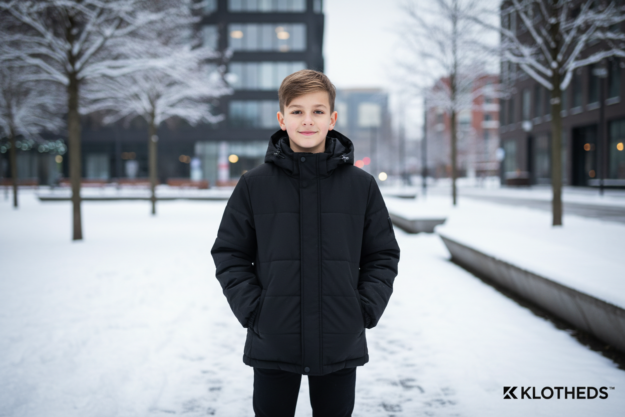 Ragazzo con giacca trapuntata nera