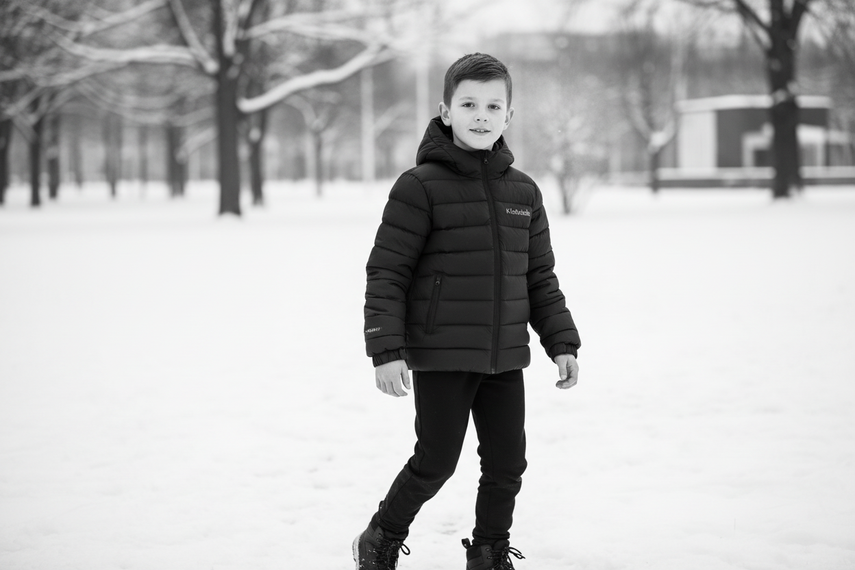 Ragazzo con giacca trapuntata nera