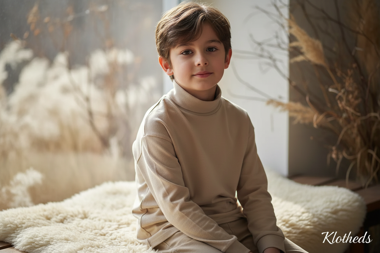 Ragazzo con maglia collo alto beige