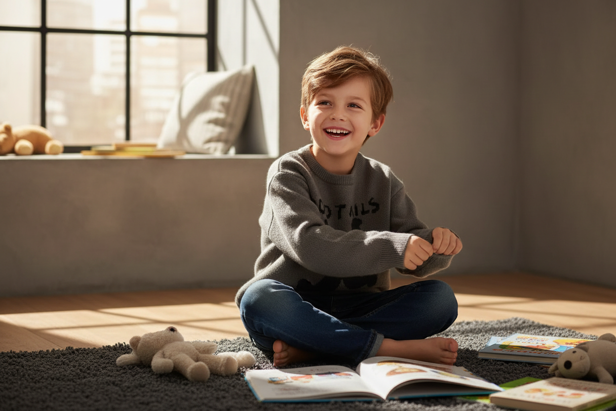 Ragazzo con maglione grigio cartoon